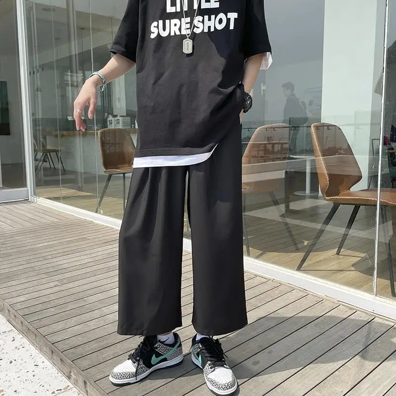 Summer Thin Ice Silk Mens Straight Loose Couple Casual Wide-leg Sports Nine-point Pants 250410