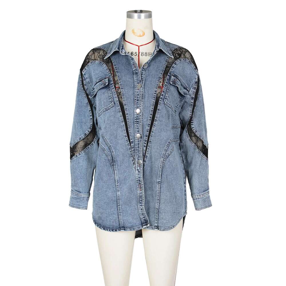 Streetwear Oversized Denim Long Shirt Coat For Women 2024 Autumn Spring Fashion Lapel Asymmetrical Lace Patchwork Casual Jackets