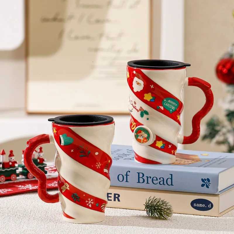 Christmas 2025 New Christmas ceramic cup threaded reindeer large capacity creative mug with lid gift box cup cross-border Christmas gift Y Y251112