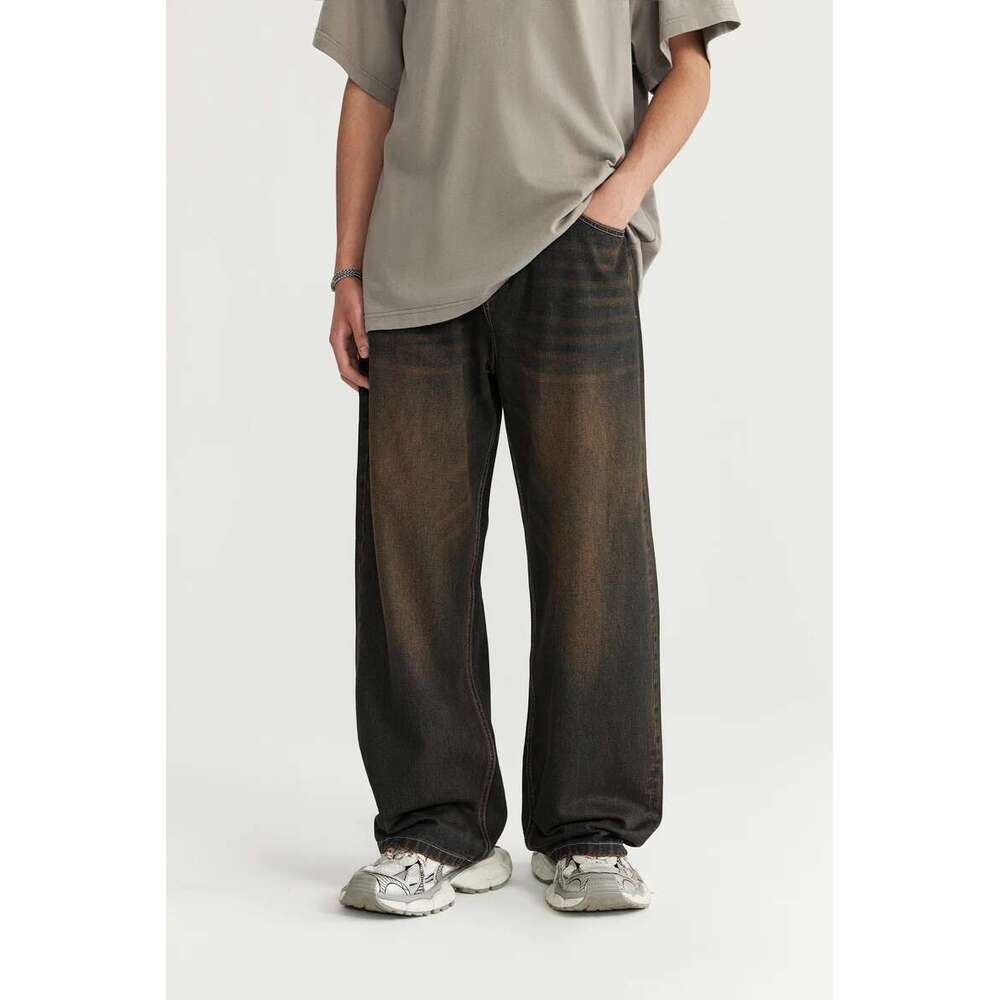Sand Washed Wide Jeans Trendy Streetwear Loose Fit Straight Leg Denim Pants For Men