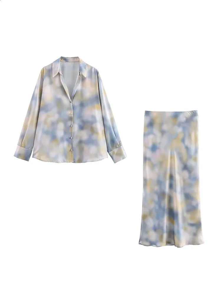 Women Summer 2-Pieces Sets 2025 Vintage Tie-dye Shirts Tops and Skirts Female Elegant Street Two Suits Clothing 250411