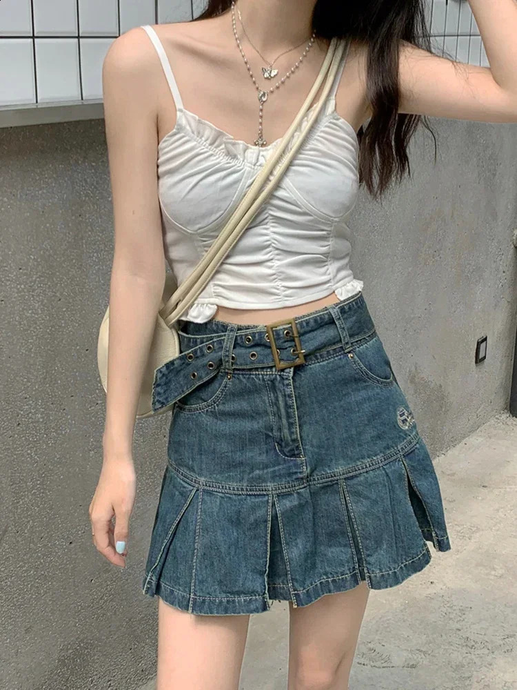 Denim Skirt High Waist Black Mini Skirt Pleated Korean Fashion Gyaru Clothes Summer Y2k Streetwear Vintage Womens Clothes 250407