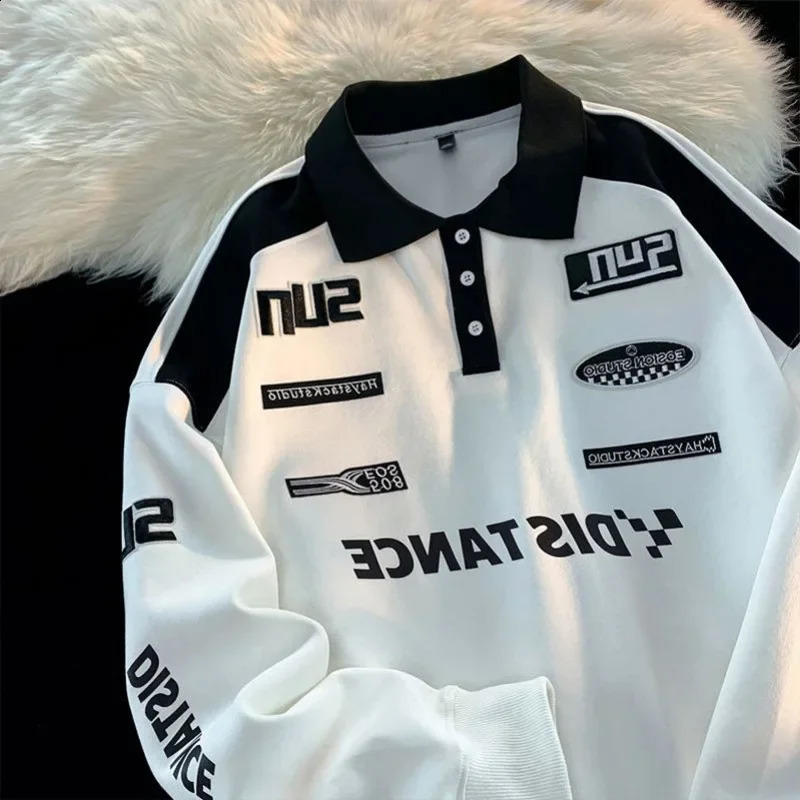 2024 Spring Autumn Polo Shirt Korean Vintage Sweatshirt Mens Trendy Long Sleeve Lapel Racing Shirt Crossbody Top 250409
