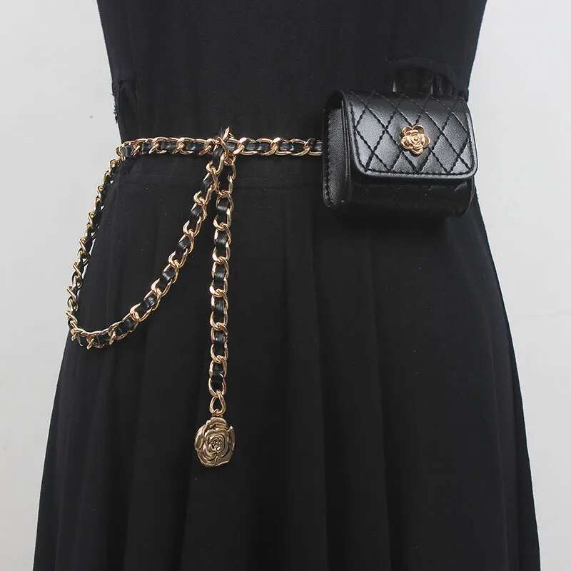 Fanny pack mini metal waist chain women's belt bag versatile decorative pants with skirt suit black