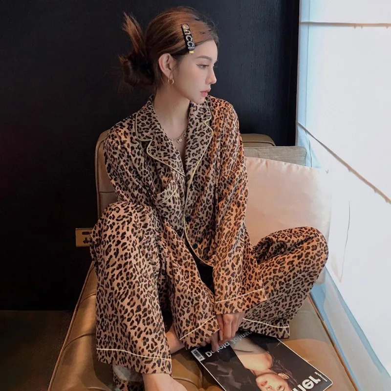 Leopard Sleepwear Women Pajama Sets Korean Piiama Long Sleeve Pants Sets 2 Pieces Spring Night Wears Button Home Suit 250411