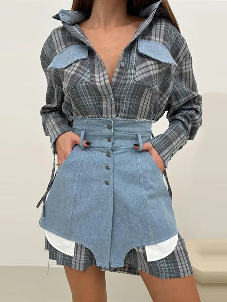 Lapel Color Blocked Shirt Waist Cinching Irregular Hem Short Skirt Set Woman Loose Long Plaid Shirt Patchwork Women Denim Suits 250411