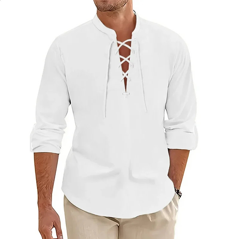 Mens Casual Long Sleeved TShirt Autumn Medieval Vintage Cotton Linen Shirts Halloween Streetwear Breathable Lace-up Streetwear 250411
