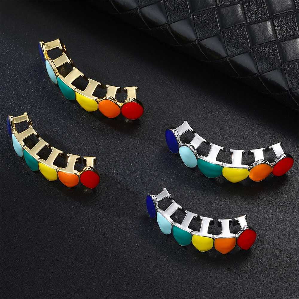D Z Hip Hop Colorful Teeth Grill Suitable for Womens Bodies Rainbow Colorful Oil Drop Copper Teeth Grill Charm Party Jewelry Gifts W250412