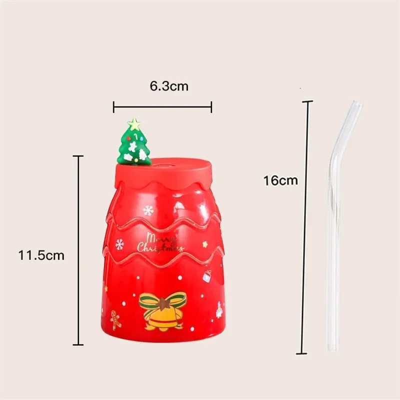 Christmas Creative Christmas Mugs Cartoon Xmas Tree Shape Santa Claus Elk Snowman Bell Ceramic Cup with Lid and Straw Coffee Mug Xmas Gift Y251112
