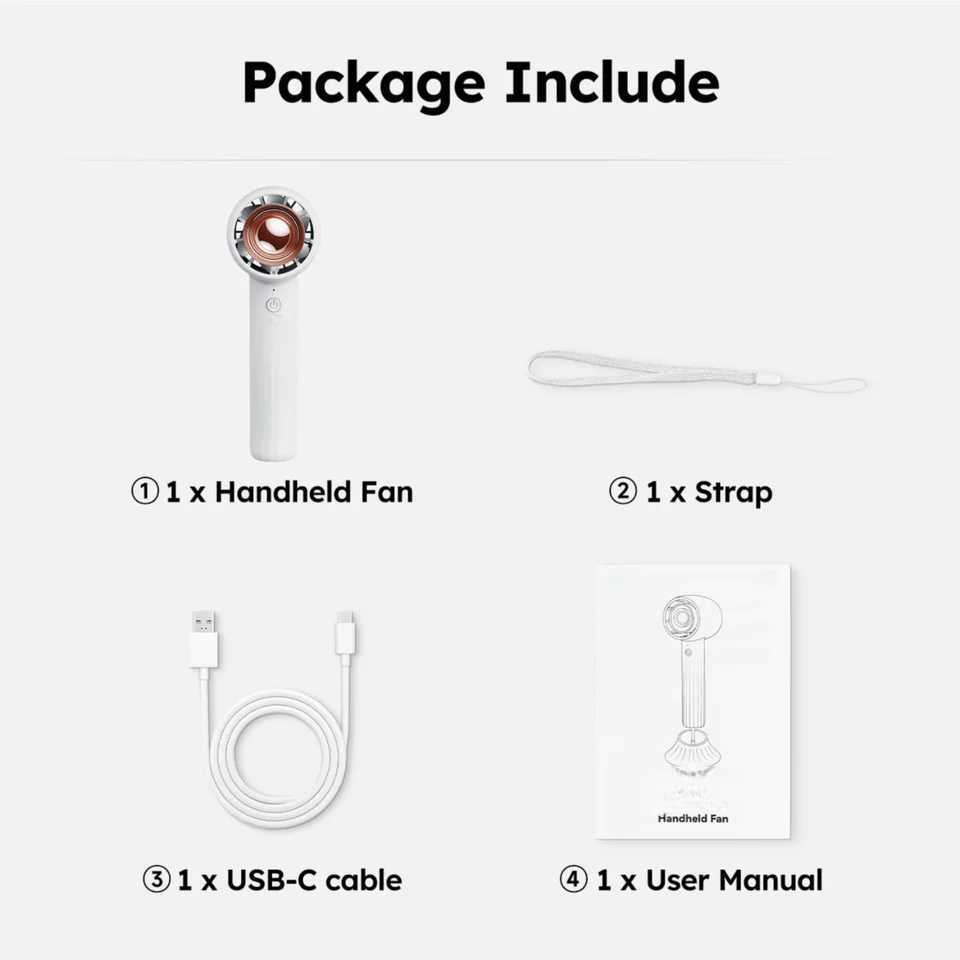 Portable handheld mini fan with quiet 3-speed adjustable turbocharged design and portable desktop stand for outdoor and indoor use X250412