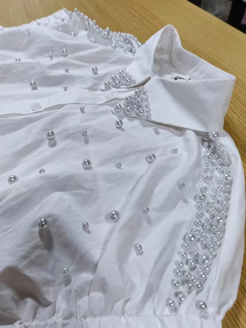Pearls Embroidered Flares Cotton Loose Casual White Shirts Blouses For Women 2025 Summer Short Sleeve Single Breasted Top 250411