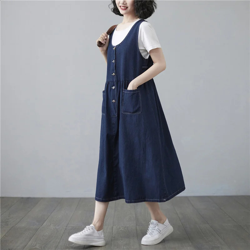 Wxw2101 SpringSummer Denim Jacket Womens Sleeveless Aline Jeans Vneck Single Chest Midi Dress 250411