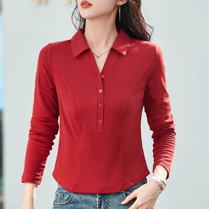 #3858 Black White Khaki Red Long Sleeve T Shirt Women Slim Korean Style Short Polo T Shirt Buttons Stretch Cotton Summer 2025 250411