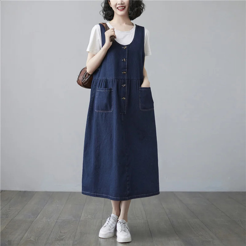Wxw2101 SpringSummer Denim Jacket Womens Sleeveless Aline Jeans Vneck Single Chest Midi Dress 250411