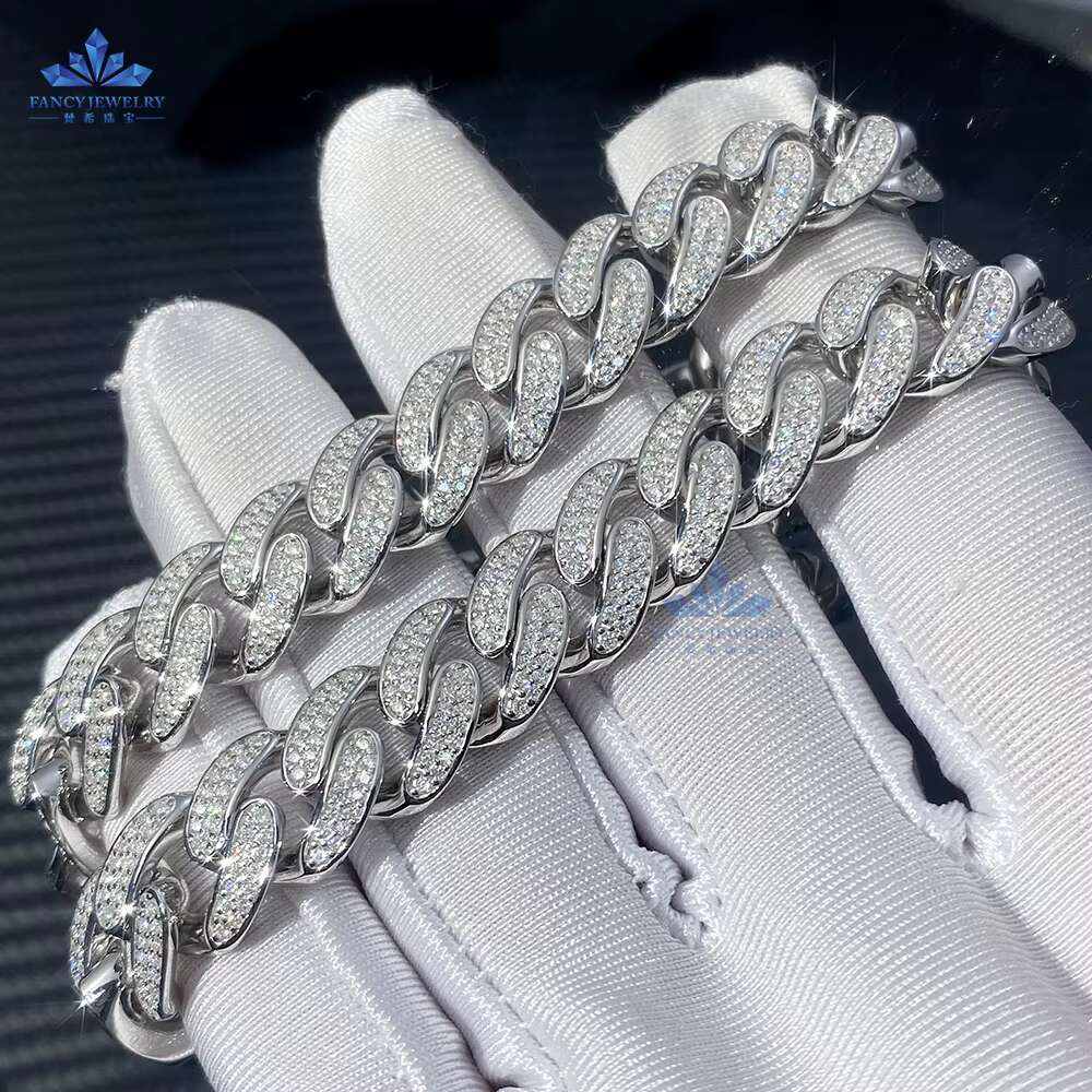 12mm White Gold 925 Sterling Silver VVS Moissanite Diamond Cuban Link Chain Bracelet Iced Out Mossanite Jewelry for Men Women