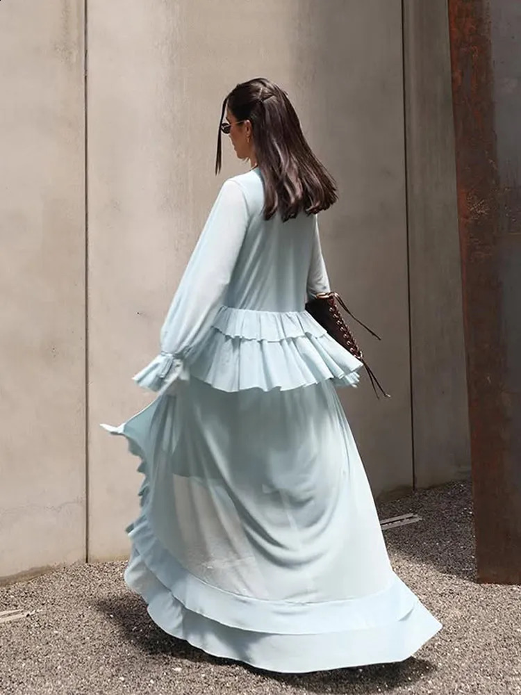 Women Blue Ruffles Hem Top Skirt Set Chic Long Flare Sleeve V Neck Blouse Loose Skirts Suit 2025 Summer High Street Lady Outfit 250411