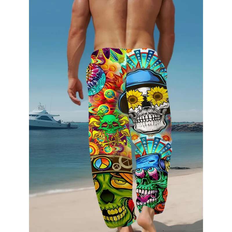 Men'S Summer Fashion Casual Pants Comfortable Loose-Fit 3D Skull Print Polyester Trousers Suitable For Outdoor Activities