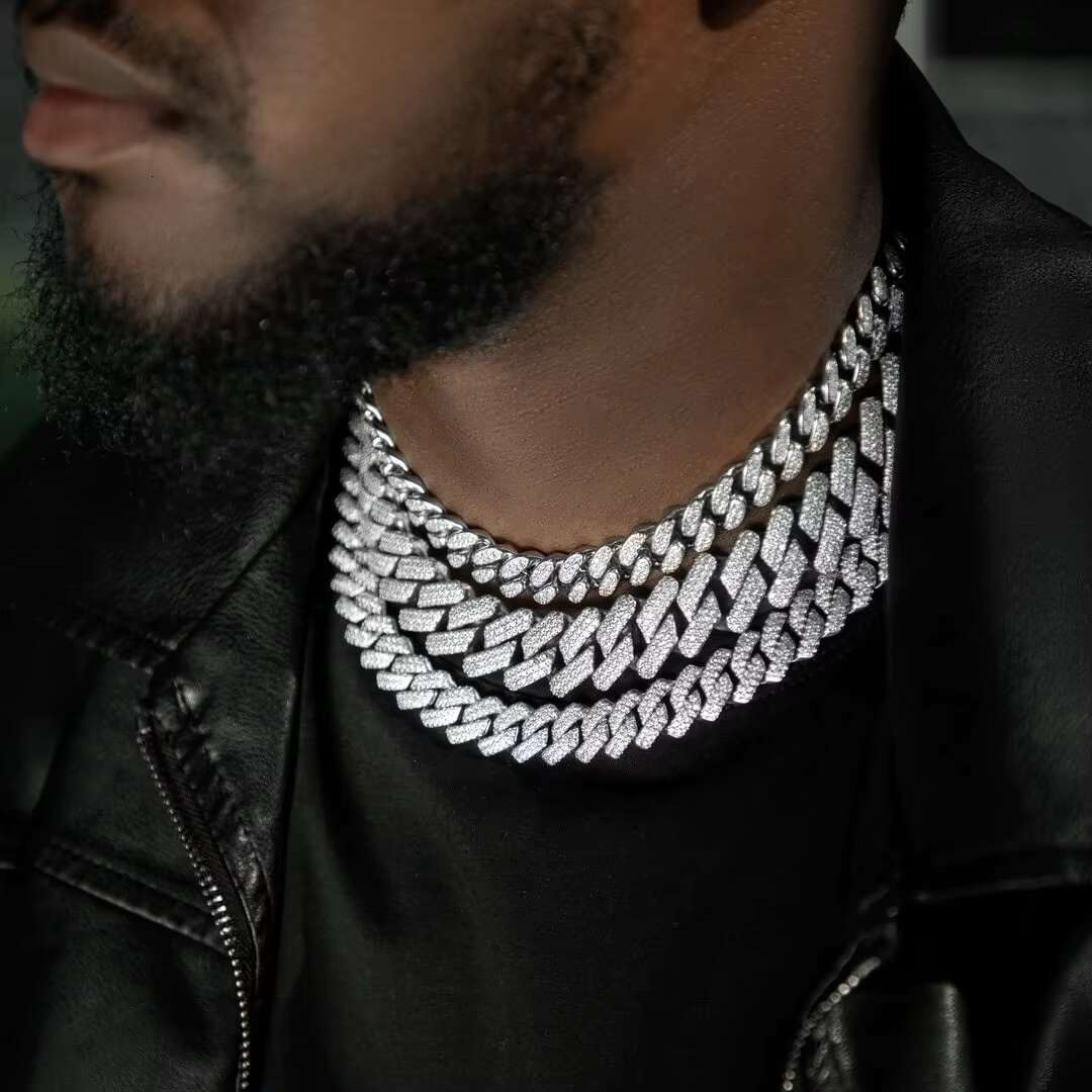 Sterling Silver 925 White Gold Miami Cuban Link Iced Out Lab Diamond Moissanite Cuban Chain Necklace Jewelry
