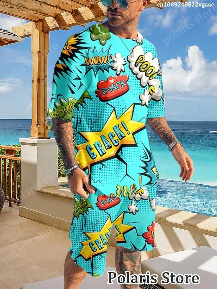 Summer Graffiti Sportswear Mens Fun T-shirt Set Manga Illustrations Loose Clothing Hip Hop Sportswear Two Piece Set Uniform LigXJ250412