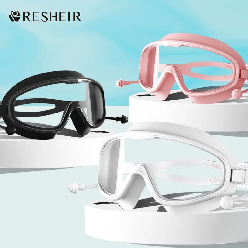 Risers Swimming Goggles Large Frame Nearsighted Swimming Goggles Waterproof Anti-fog HD Transparent One-piece Ear Plugs 250411