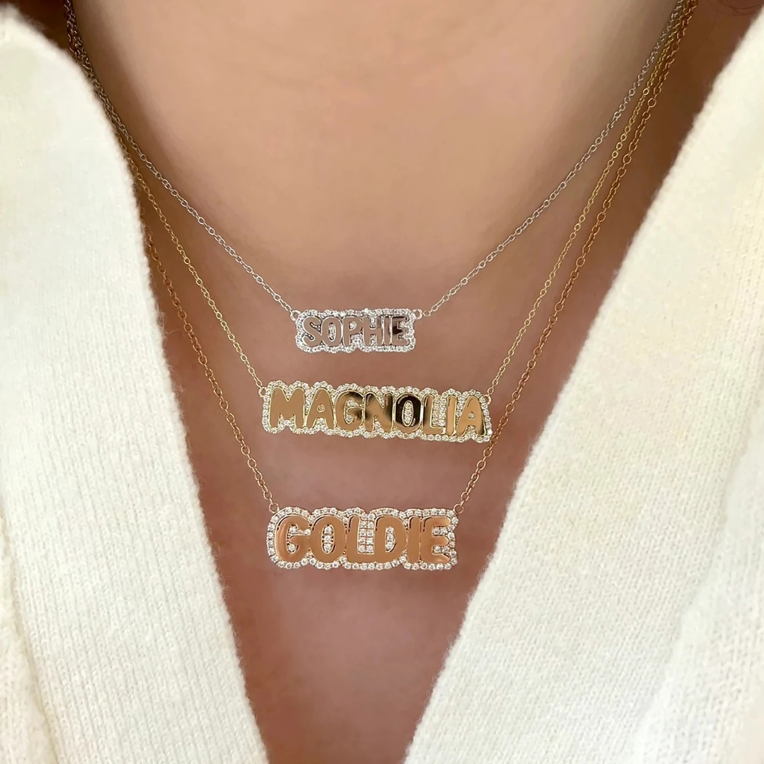 Customized Bubble Name Necklace Personalized Water Diamond Name Zircon Letter Galvanized Sparkling Diamond Pendant 250409