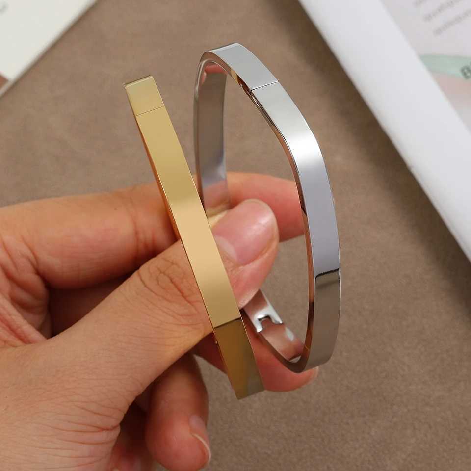 Fashion Square Ring No Inlay Polished Stainless Steel Bracelets Women Men Gold Silver Color Couple Bracelet Party Daily JewelryC250411