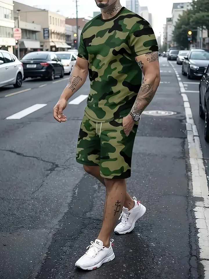 Summer Street Fashion Mens T-shirt and Shorts Set 3D Camouflage Printed Mens Short Sleeves Top Outdoor Sports Mens ShortsXJ250412