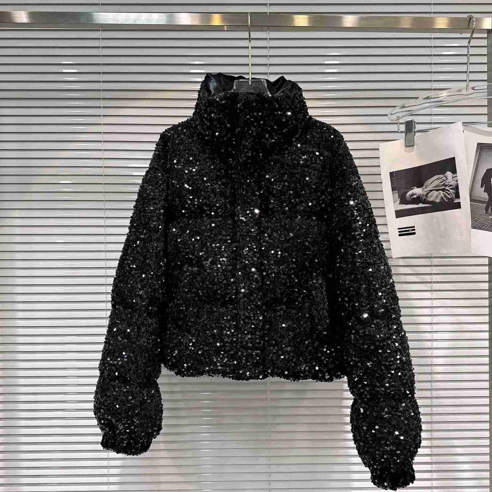 French Fashion Elegant Heavy Industry Colorful Sequin Stand Collar Thickened Warm Down Coats Women Winter Puffer Short Jackets Z251106