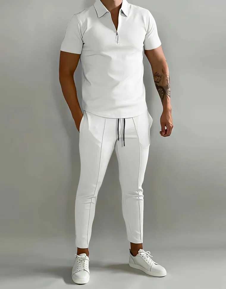 Spring/Summer New Mens Polo Shirt Short Sleeve Pants Set Solid Color Simple Fashion Lightweight Daily High Quality Mens WearXJ250412