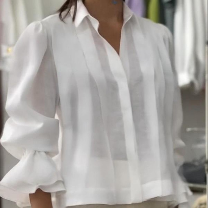Women's Blouses & Shirts--Trendy European Style Womens Long Sleeved Pleat Flared Blouse-8021