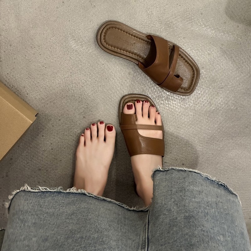 Set toe slippers women summer fashion retro Roman flat girls casual non-slip home platform sandals wear black white brown free shipping