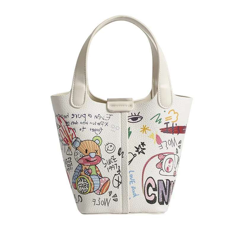 2Pc/Set Summer Cute Little Bear Graffiti Basket Bucket Women PU Printed Handbag New Trendy Clutch Purse Composite Bag