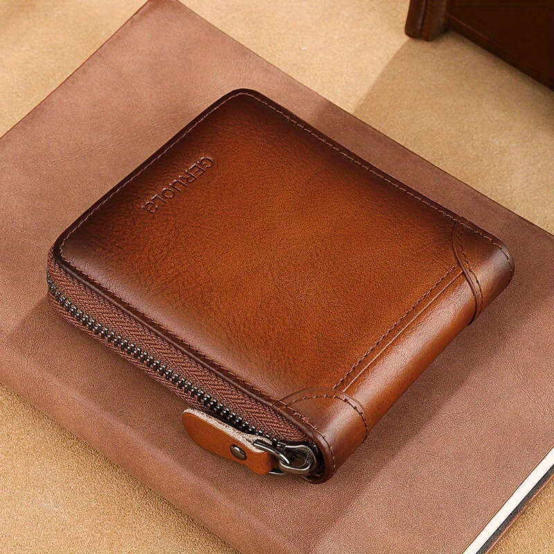 Men's New Genuine Leather Short Large Capacity Zipper 70% off Coin Purse Card Holder Integrated Ultra-thin Wallet R
