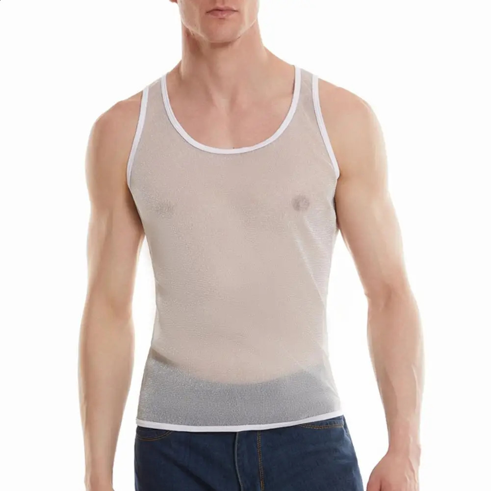 Mens Mesh Tank Top Sleeveless Glittery Transparent Vest Casual See Through Muscle Tee Shirt for Daily Wear Gym Fitness 250407
