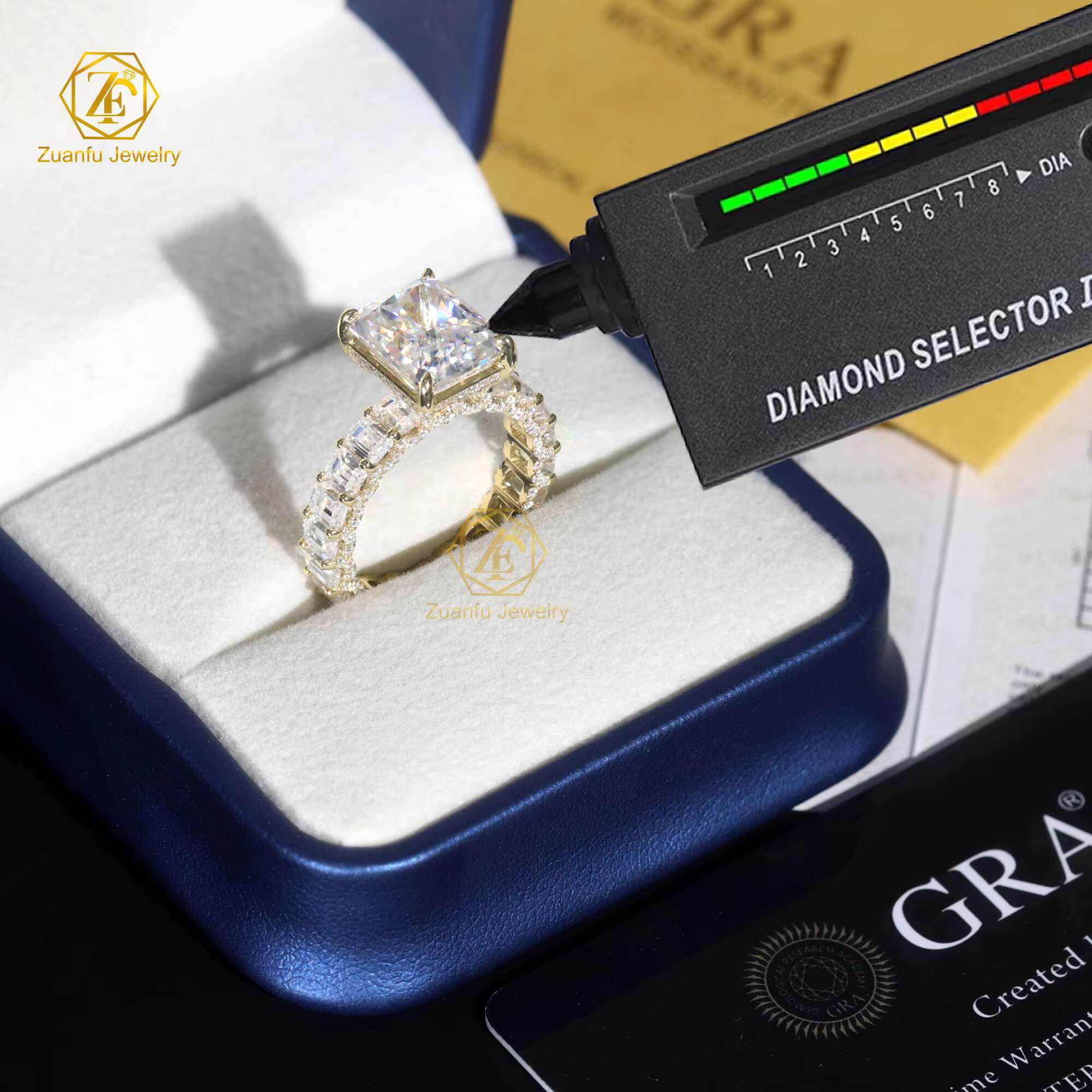 Full Eternity Emerald Band 3x4mm with 5carat Radiant Diamond Ring 14K White Gold Moissanite Diamond Ring