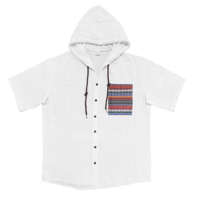 2025 Summer Mens Thin Bohemian Breathable Linen Amikhaki Loose Hooded Short sleeved Shirt 250411