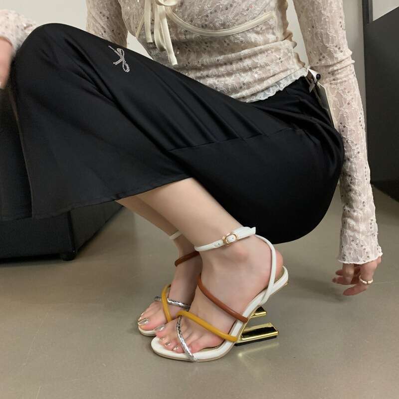 2025 New Product Star Same Style~Irregular Women's Shoes Colorful Cross Belt Color Matching Temperament High Heel Sandals for Women