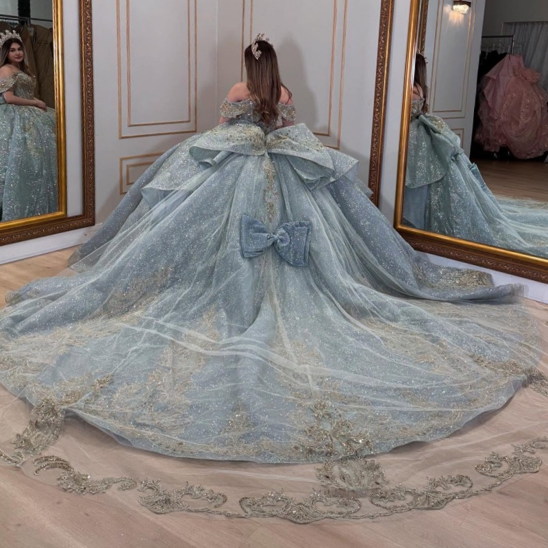 Blue Shiny Quinceanera Dresses Off Shoulder Ball Gown Sweet 16 Dress Applique Beading Crystal Tull Birthday Party Vestidos 15 De Anos