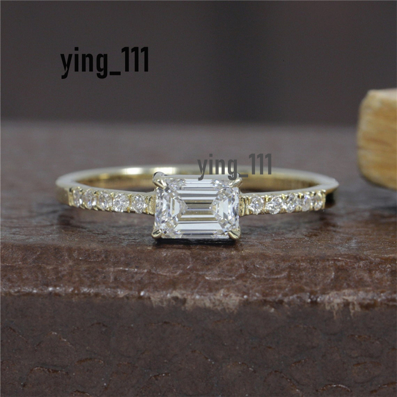 Jewelry Fashion 0.6 Carat Emerald Cut East West Lab Diamond Ring 14K 18K Real Gold Engagement Ring For Women Half Set Ring Band