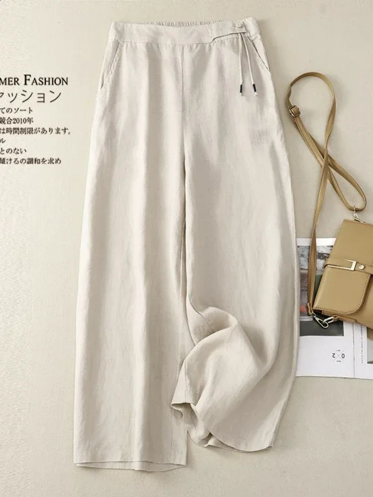 Retro Art Summer Wide Leg Pants Womens Elastic High Waist Cotton and Linen Casual Pants Loose Straight Yellow Womens Pants 250408