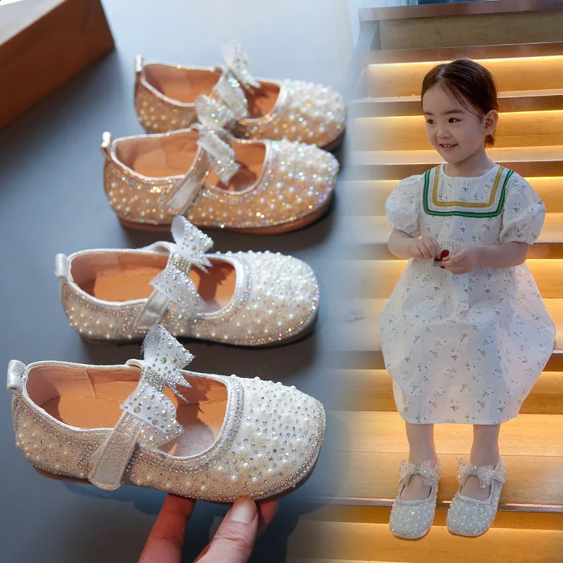 Girls princess shoes childrens fashion bow rhinestone leather childrens shoes girls party student flat shoes E584 250411