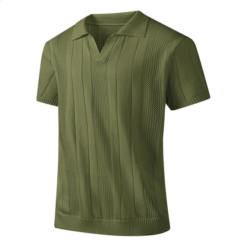 Summer woven striped knit shirt with collar paired with short sleeved polo shirt hollow mesh breathable T-shirt 250411