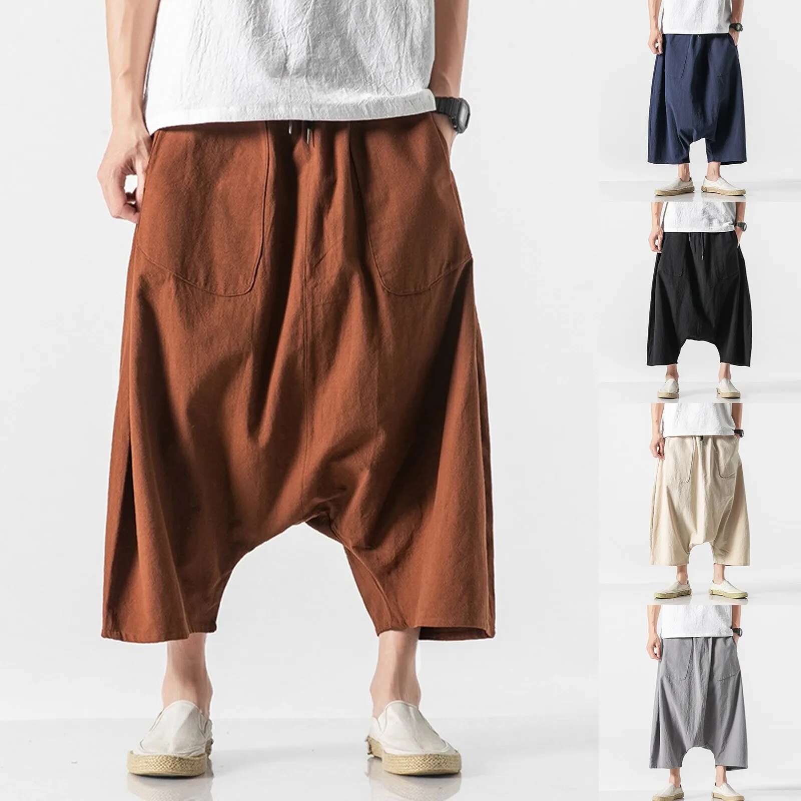 Mens Overalls Cotton Shorts Wide Leg Knee Length Men Casual Stretch Garment Parachute Pants Haruku Streetwear Y2k