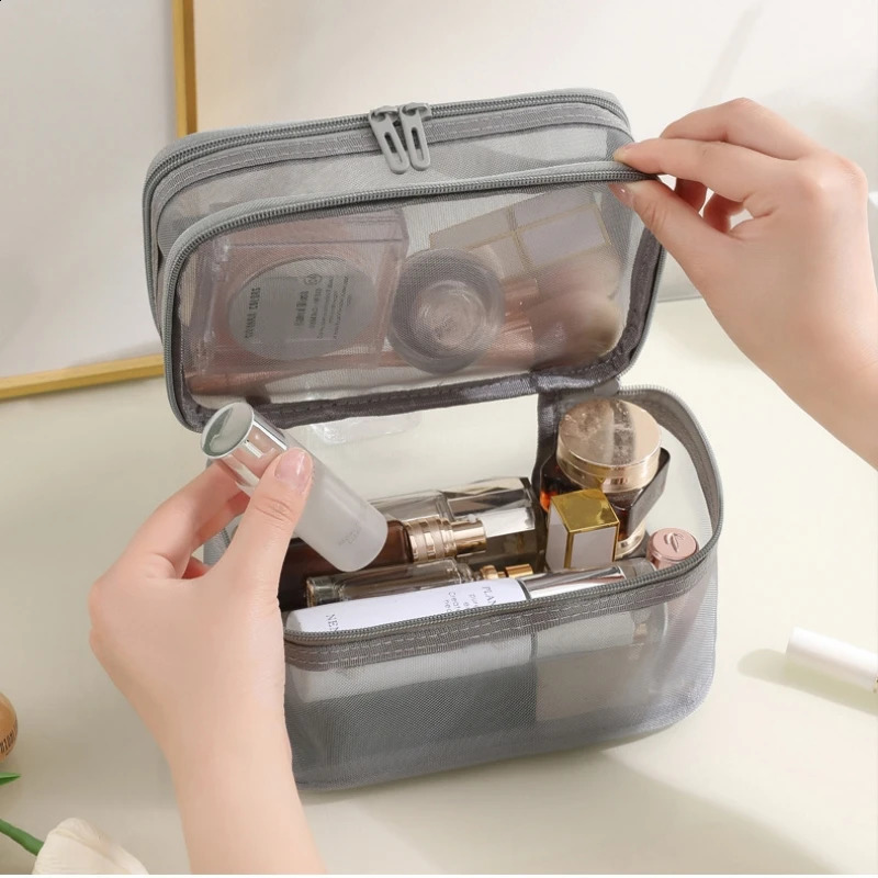 Grey double-layer mesh makeup bag womens portable makeup box large capacity travel zipper makeup organizer makeup box 250410