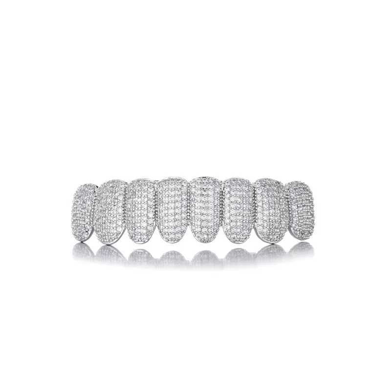 Hip Hop Full CZ Stones Teeth Grillz Hat Cube Zircon Ice Out Mini Paving Top and Bottom Charm Barbecue Set W250412
