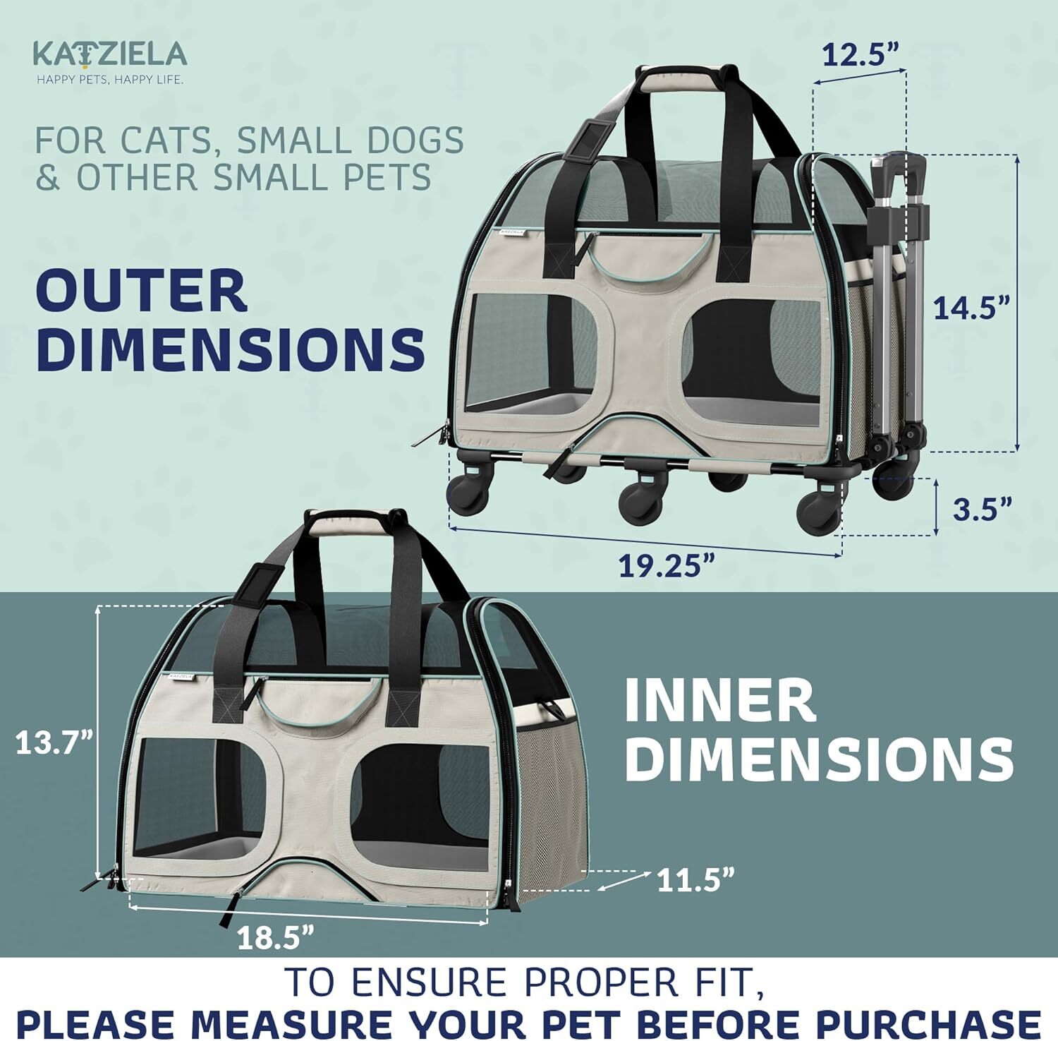 Katziela Rolling Pet Transport Bag - Airline Standard Dog Cage - TSA Approved Small Dog and Cat Pet Transport Bag - Soft FAA Travel Airplane Dog Lugga
