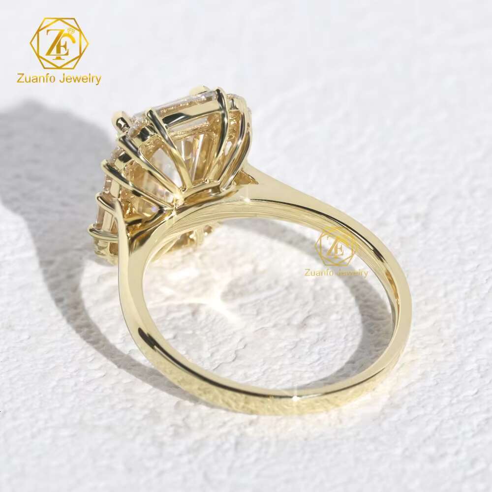 D FL Color Moissanite Emerald Shape 3.5CT 7x10mm Diamond 14K Yellow Gold Wedding Ring for Lady