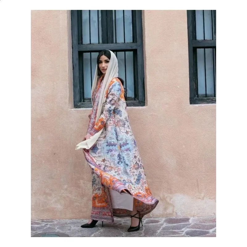 KAF Womens Abaya SpringSummer Collection Flip Collar Long Sleeve Retro Printed n Loose Large Arab y 250411