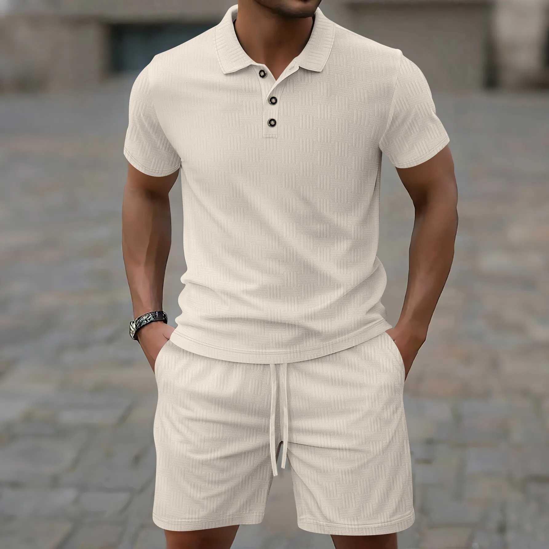 Summer mens solid color lace Corduroy short sleeved lapel top jacquard polo shirt brushed shorts mens clothingXJ250412