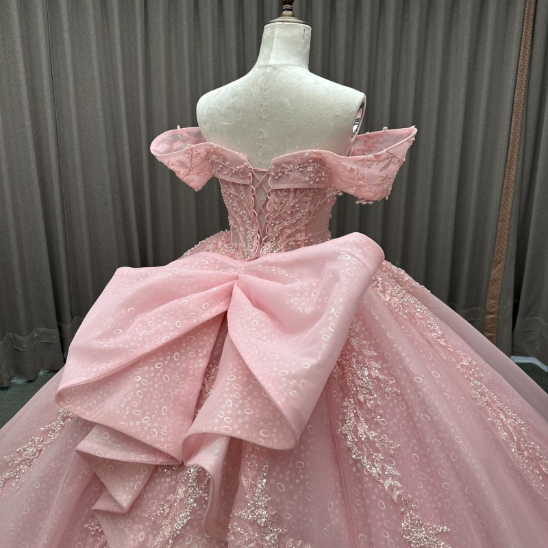 Pink Shiny Princess Quinceanera Dresses Off Shoulder Applique Beading Crystal Bow Tull Corset Sweet 16 Dress Ball Gown Vestidos 15 De Anos